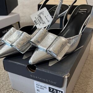 Worthington Metallic Silver Bow Slingback Heels